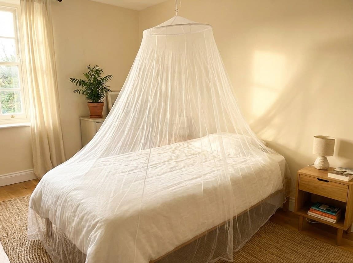 Mosticare Rondo Uno round bed canopy hung over a single bed
