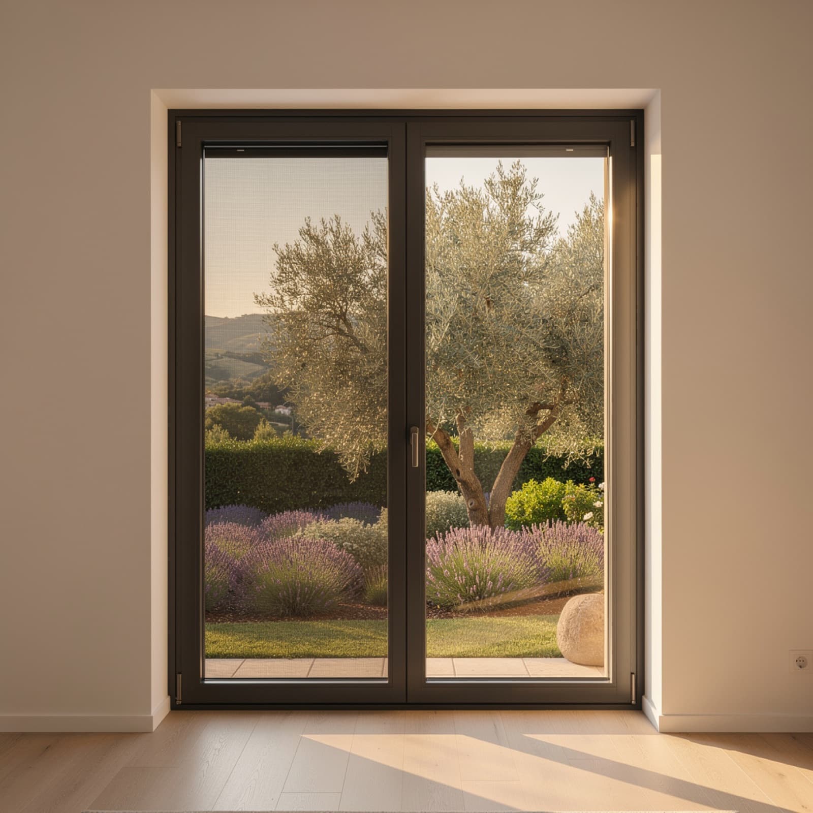 A made-to-measure Mosticare Apertura Telaio aluminium-frame window screen fitted in a bright interior.