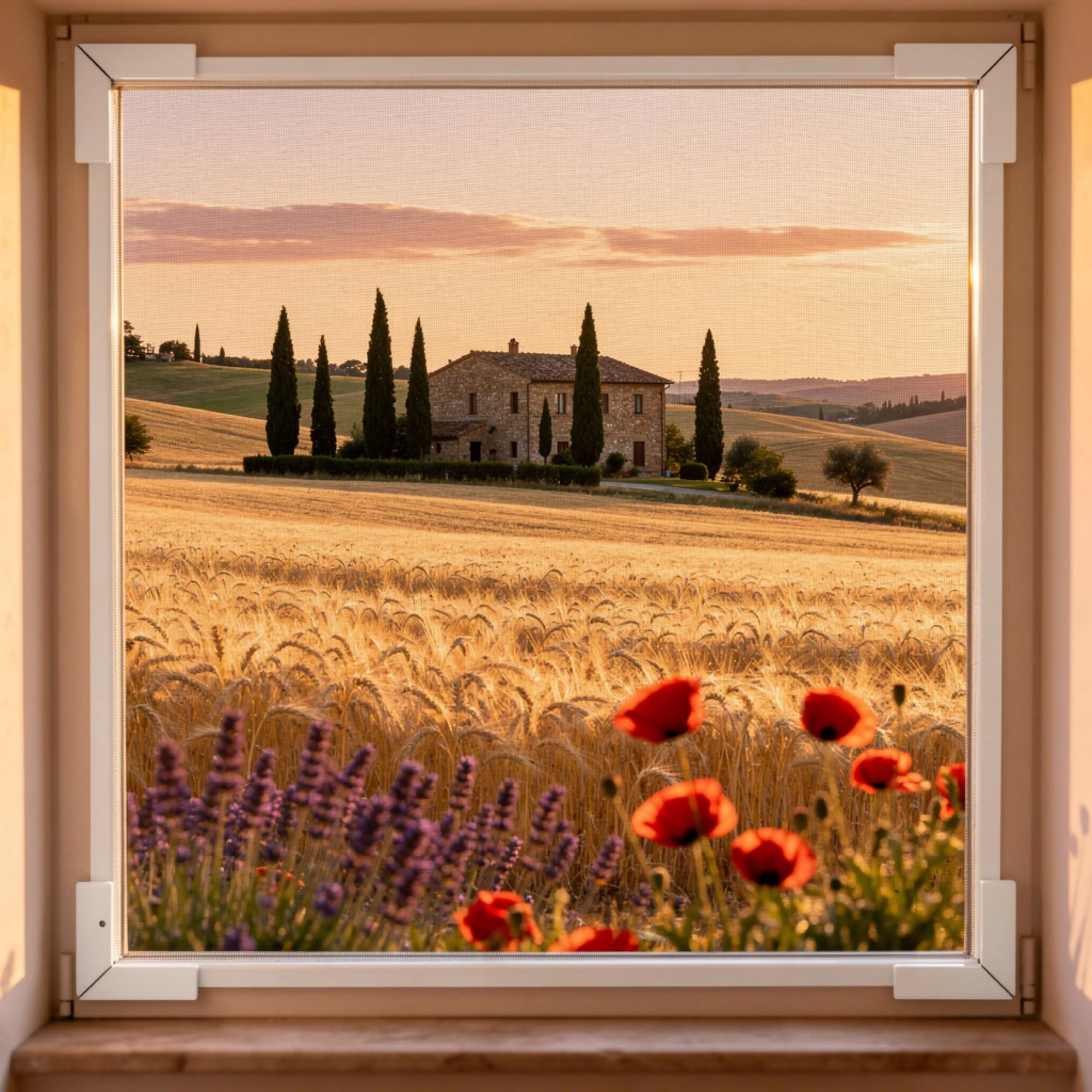 A warm Tuscan landscape seen through a Mosticare Apertura Magnetica magnetic window screen.