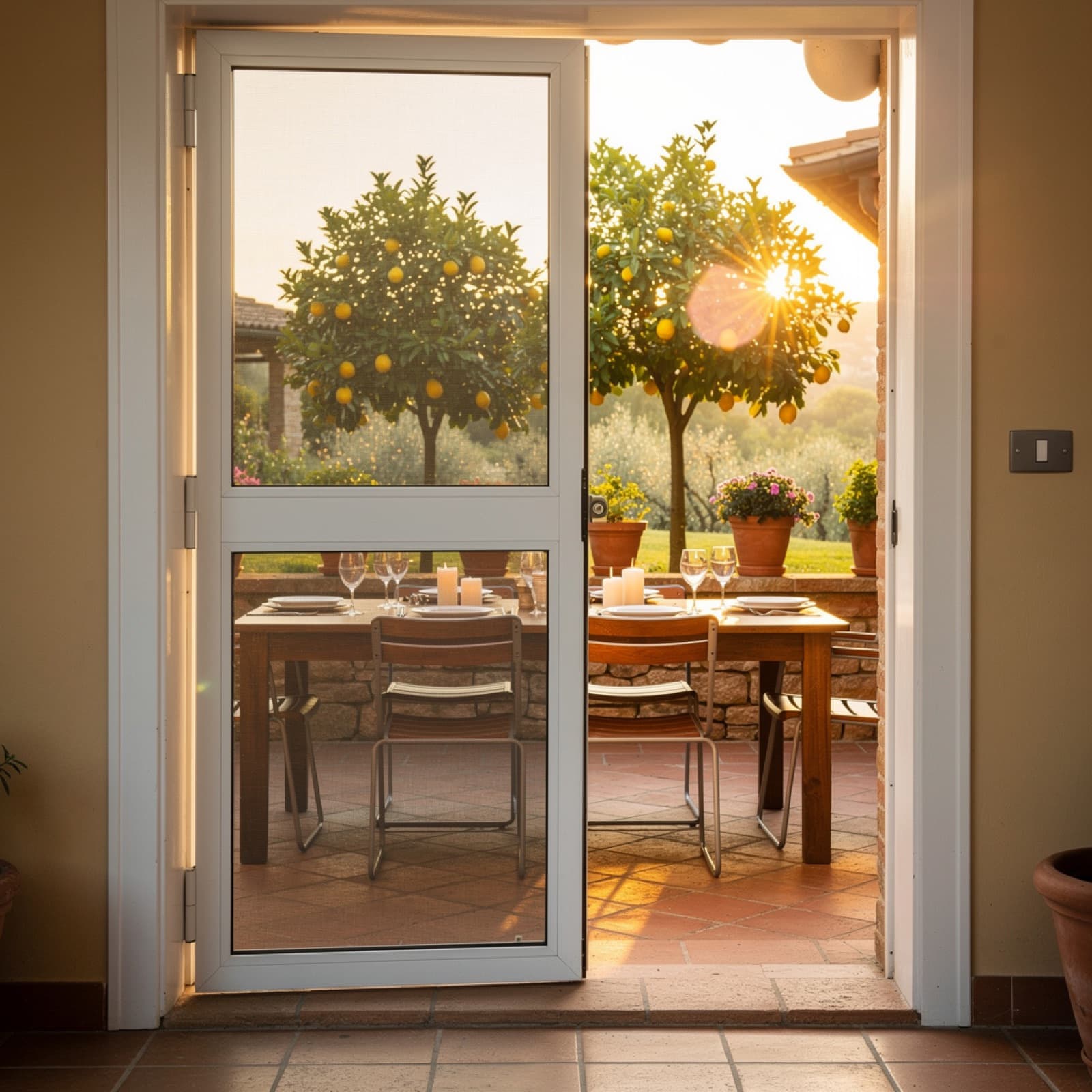 The Mosticare Porta Scorrevole sliding insect screen running on its track beside a patio glass door.