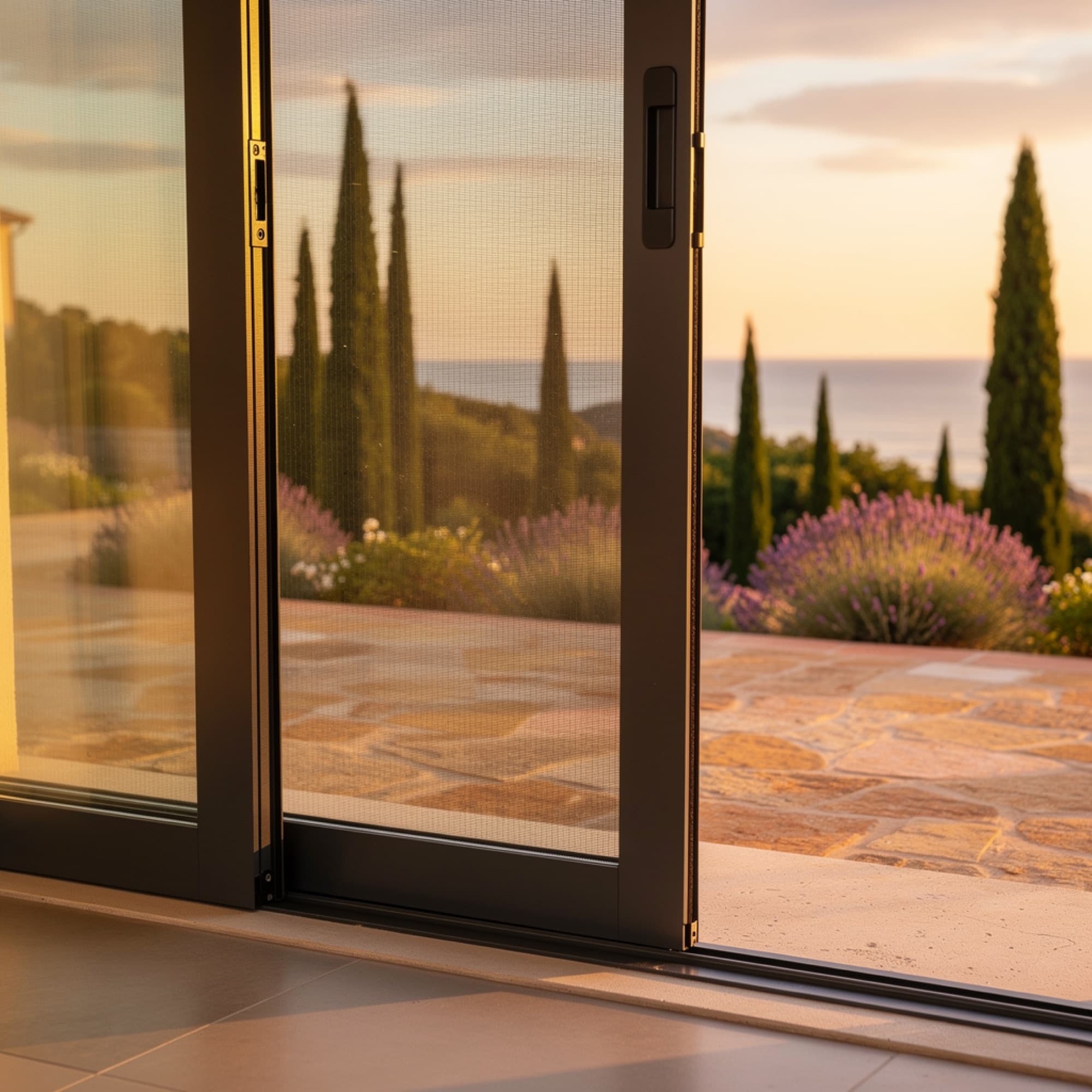 The Mosticare Porta Battente hinged aluminium screen door fitted in an open garden doorway.